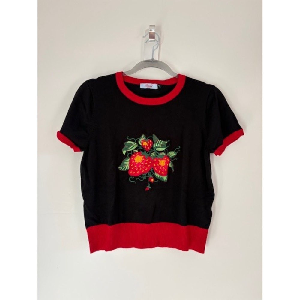 Banned Retro Women Black Red Strawberry Embroidered Short Sleeve Knit Top XL